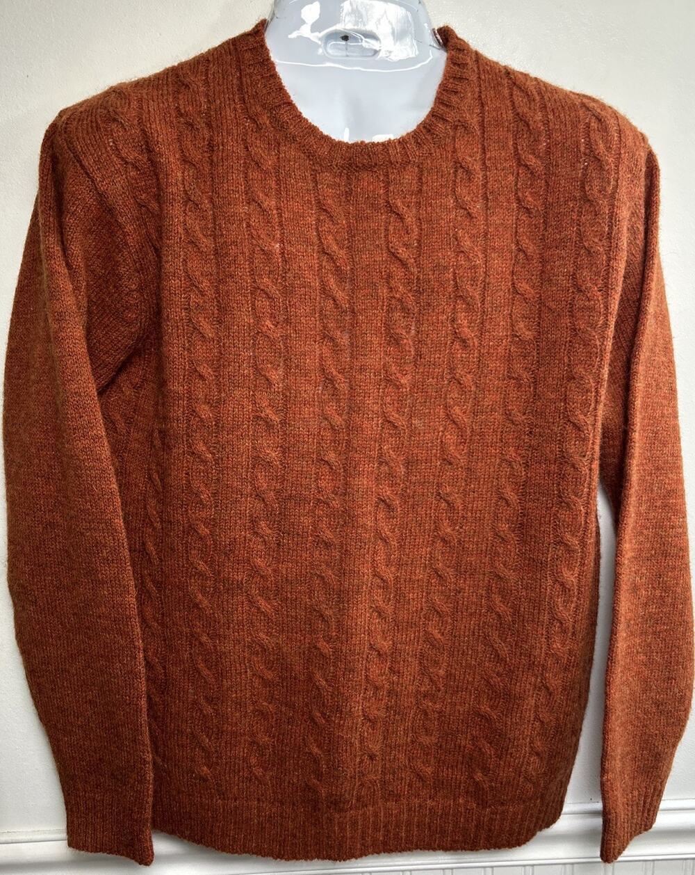 Line of Trade Mens XL Shetland Wool Cable Knit Crewneck Sweater Rust Orange